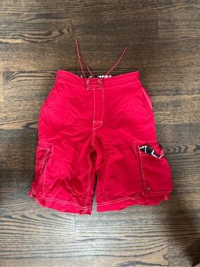 Lands' End Red Men's Swim Shorts with Patterned Waistband